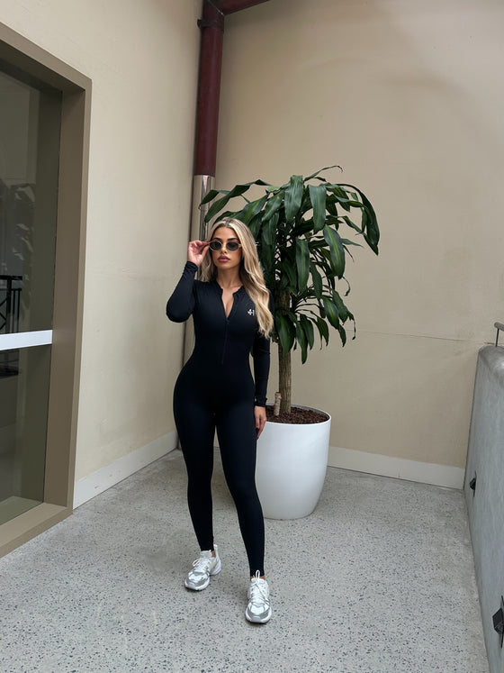 LUXE LONG SLEEVE BACKLESS JUMPSUIT BLACK PRE-ORDER