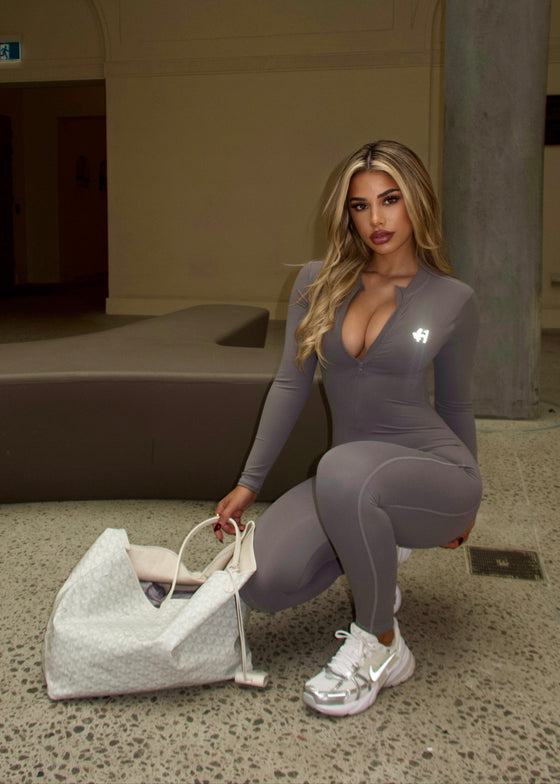 LUXE LONG SLEEVE BACKLESS JUMPSUIT GREY