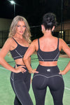 black sports bra, black crop top, high-waisted flare leggings, 411 official, four one one, black leggings, flare leggings, activewear