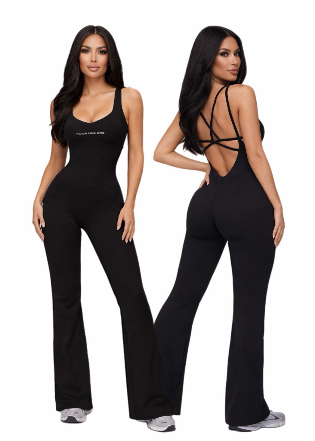 411 Official Form sculpting activewear jumpsuit with open strappy back and scoop neckline